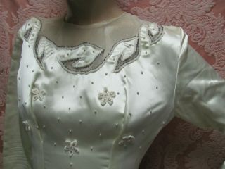 VTG 1940s USO BRIDE Ivory RAYON SATIN WEDDING GOWN Beading/Pearls BUTTON - BACK NR 5