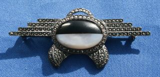Vintage Judith Jack Sterling Silver Mop Onyx Marcasite Egyptian Style Brooch