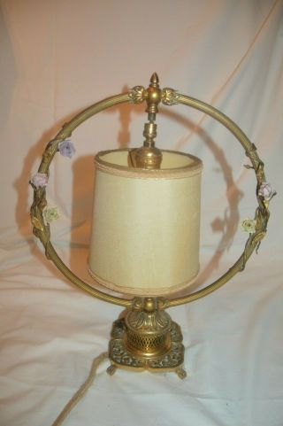 Vintage North Shore Lamp Studio Chicago Brass Hoop Lamp Porcelain Flowers