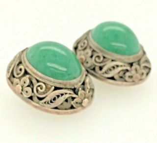 Chinese Export Sterling Silver Filigree Jade Cabochon Clip On Earrings C1940 925