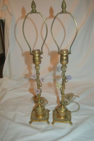 2 Vintage North Shore Lamp Studio Chicago Brass Lamps With Porcelain Flowers
