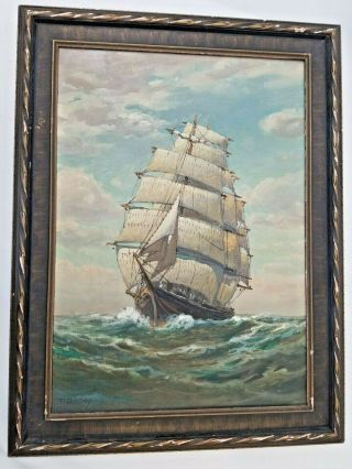 Vintage T Bailey Clipper Ship Full Sail Oil Painting On Canvas Framed