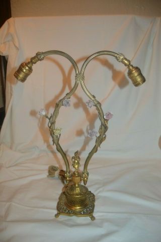 Vintage North Shore Lamp Studio Chicago Brass Lamp Porcelain Flowers Double Ligh