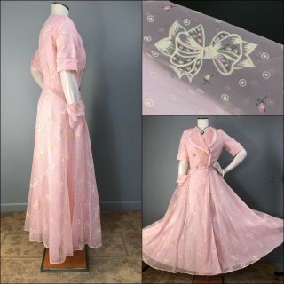 Vtg 40s 50s Dressing Gown Sheer Pink Bows Flocked Fabric Novelty Print Fitflare