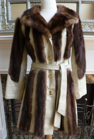 Vintage 1970s Mod Hubert Furrier Mink Ivory Leather Belted Hippy Jacket Coat S/m