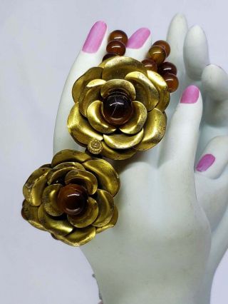 Brown Glass Beaded Bracelet,  Gold Floral Clasp,  Vintage Women 