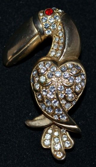 Vintage White Rhinestone Red Eye Toucan Bird Gold Plated Sterling Silver Pin