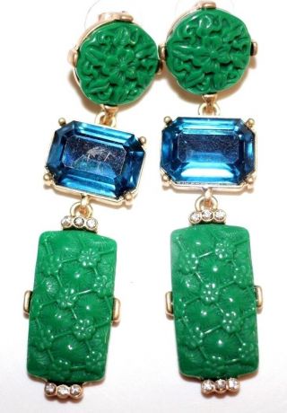 Kjl Carved Faux Jade Green Cinnabar Crystal Chandelier Pierced Earrings Nwot