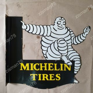 Michelin Tires 2 Sided Vintage Porcelain Sign 20 X 18 Inches Flange