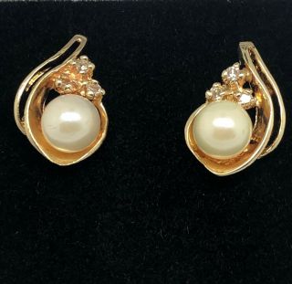 Vintage 14k Gold Pearl & Diamond Earrings