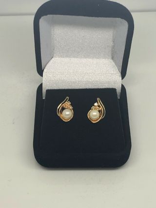 Vintage 14k Gold Pearl & Diamond Earrings 2