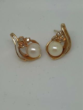 Vintage 14k Gold Pearl & Diamond Earrings 5