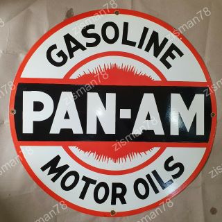 Pan - Am Gasoline Motor Oils Vintage Porcelain Sign 30 Inches Round
