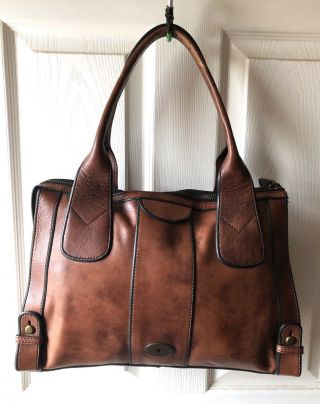 Fossil Vintage Reissue Weekender Zip Top Leather Brown Shoulder Tote Purse Bag
