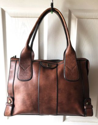 FOSSIL Vintage Reissue Weekender ZIP TOP Leather Brown Shoulder Tote Purse Bag 2