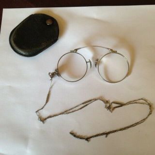 Vintage Pince Nez Folding Glasses,  14k Gold,  In Case,  With Ornate Chain