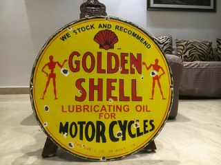Vintage Porcelain Shell Golden Gasoline Sign Gas,  Oil,  Ford,  Gmc,  Chevrolet