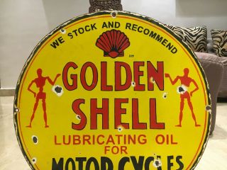 Vintage Porcelain Shell Golden Gasoline Sign Gas,  Oil,  Ford,  GMC,  Chevrolet 2