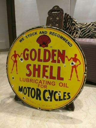 Vintage Porcelain Shell Golden Gasoline Sign Gas,  Oil,  Ford,  GMC,  Chevrolet 4