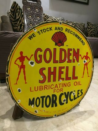 Vintage Porcelain Shell Golden Gasoline Sign Gas,  Oil,  Ford,  GMC,  Chevrolet 5