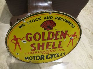 Vintage Porcelain Shell Golden Gasoline Sign Gas,  Oil,  Ford,  GMC,  Chevrolet 6