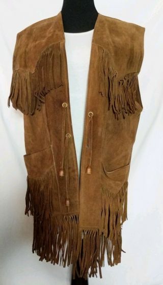 Vintage Brown Suede Leather Fringe Vest Vtg Men’s L Xl Pioneer Wear Unique Long