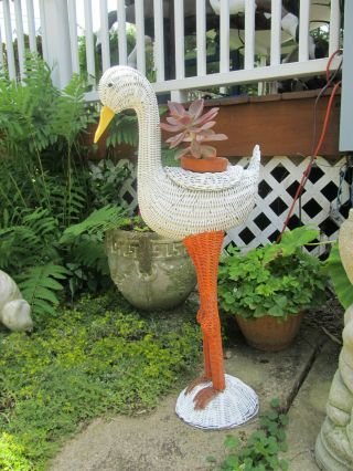 Vintage Bird Wicker Plant Stand Stork Swan Rattan Victorian Shabby