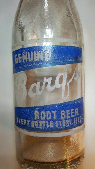 VERY RARE vintage ACL Barq ' s Root Beer bottle 1937 embossed Jackson,  Miss. 3