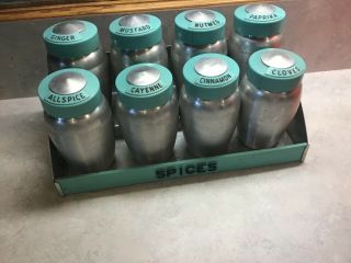 Vintage Kromex Spun Aluminum Spice Set Aqua Turquoise Lids 9 Piece Set