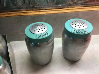 Vintage Kromex 4 Shakers Rare Aqua Turquoise Lids,  Sugar Flour Salt Pepper