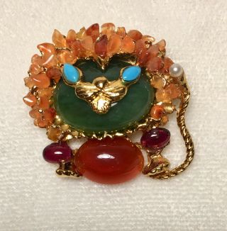 Swoboda Lion Brooch Carnelian,  Garnet,  Turquoise,  Pearl