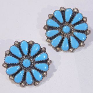 Vintage Zuni Petit Point Turquoise Sterling Silver Flower Pierced Post Earrings