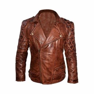 Classic Diamond Quilted Distress Dark Brown Vintage Biker Leather Jacket For Men