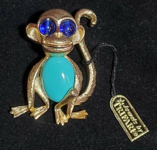 Vintage Signed Crown Trifari Jelly Belly Turquoise Monkey Brooch Tag