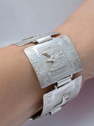 Vintage Antique Solid 925 Sterling Silver Wide Aztec Peruvian Panel Bracelet