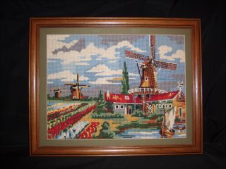 Vintage Finished Framed Cross Stitch Dutch Windmill & Tulip Scene 20 1/2x16 1/4 "