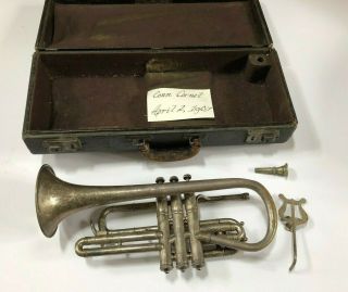 Antique Vintage 1907 Conn Cornet Silver Finish With Case Serial 98390