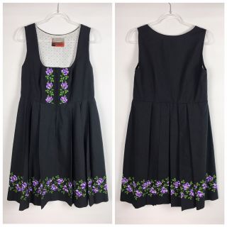 Vintage Dirndl Hock Embroidered German Dress Size 16 Black Purple