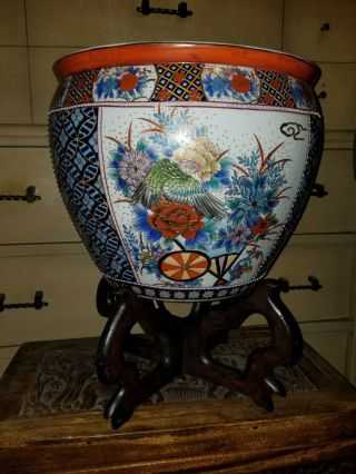 Vintage Chinese Oriental Asian Fish Bowl Planter Vase 19” X 16” With Stand Rare