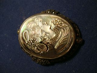 Grandmas Old Pawn Rare Cameo Sterling Silver Marcasite Brooch