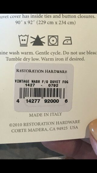 Restoration Hardware Italian 50 - Year - Wash Vintage Duvet “PISOLO” Full/Queen FOG 4