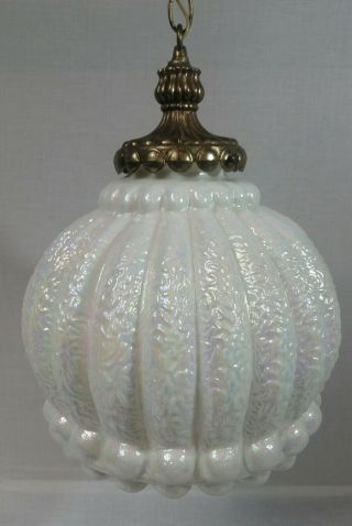 Vintage Iridescent White Opalescent Art Glass Hanging Swag Lamp Light Ceiling