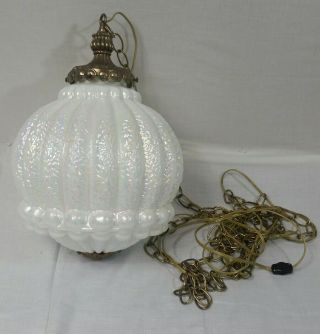 Vintage IRIDESCENT WHITE OPALESCENT ART GLASS HANGING SWAG LAMP Light CEILING 3