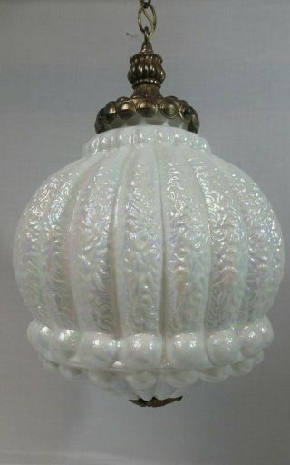 Vintage IRIDESCENT WHITE OPALESCENT ART GLASS HANGING SWAG LAMP Light CEILING 4