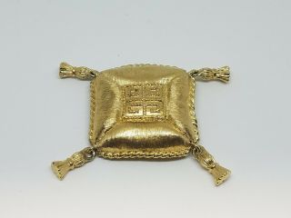 Vintage Givenchy Gold Tone Logo Pillow Tassel Brooch Signed