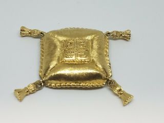 Vintage Givenchy Gold Tone Logo Pillow Tassel Brooch Signed 2