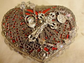 Large Antique Sterling Silver Rosary Solid Links Ab Crystal Heart Box Vintage