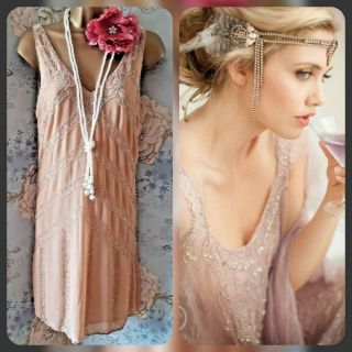 Vintage Look Nude Blush Bead 20s Deco Sequin Gatsby Flapper Party Dress 8