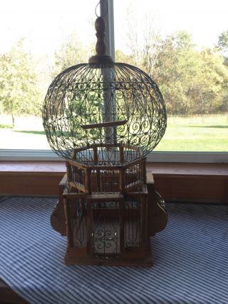 Vintage Antique Victorian Style Ornate Wire / Wood Sphere Bird Cage 25 " Tall