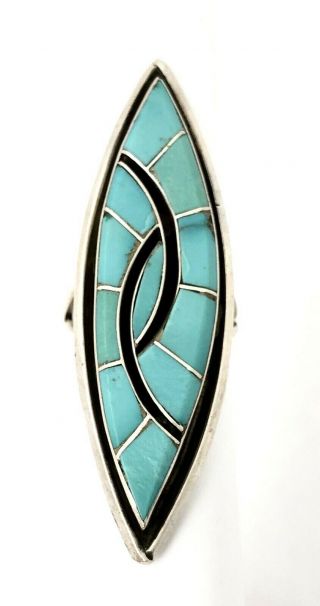 Vintage Zuni Hummingbird Design Sterling Silver Mosaic Inlay Turquoise Ring Sz 7